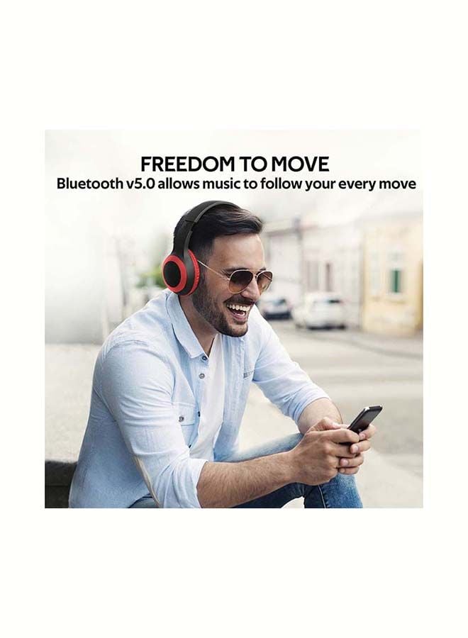 promate Over-Ear Deep Bass Wired/Wireless Headphone with Long Paytime, Hi-Fi Sound, Built-In Mic, On-Ear Controls, Soft Earpads, MicroSD Card Slot and AUX Port for iPhone, Samsung, iPad Pro, LaBoca Red