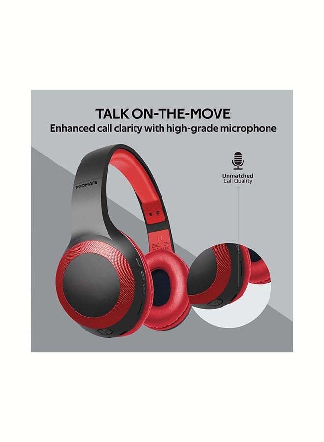 promate Over-Ear Deep Bass Wired/Wireless Headphone with Long Paytime, Hi-Fi Sound, Built-In Mic, On-Ear Controls, Soft Earpads, MicroSD Card Slot and AUX Port for iPhone, Samsung, iPad Pro, LaBoca Red