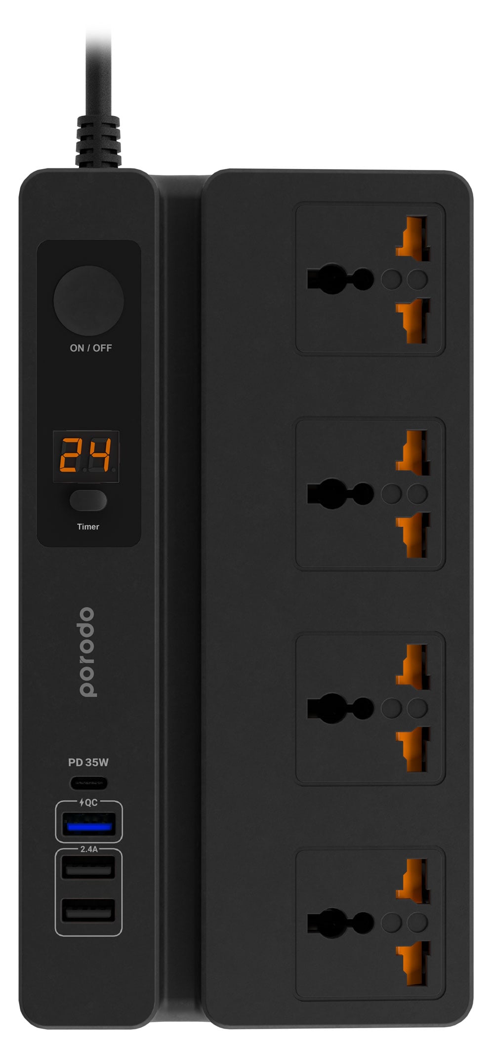 محول كهرباء متعدد المداخل مع مؤقت ذاتي Porodo 4 AC 3 USB & USB-C PD 35W Multiport Socket 3M 3000W UK