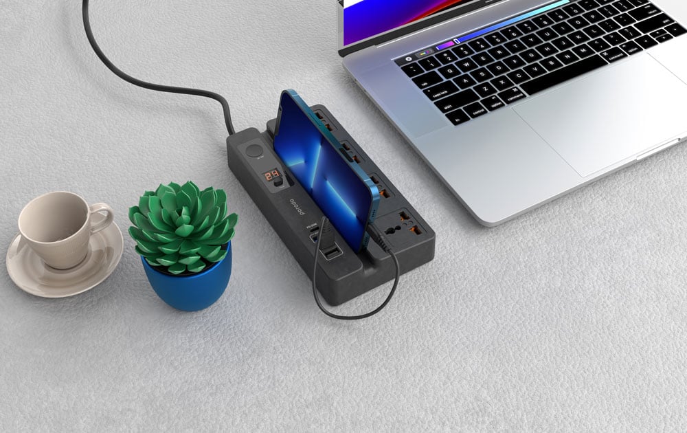 محول كهرباء متعدد المداخل مع مؤقت ذاتي Porodo 4 AC 3 USB & USB-C PD 35W Multiport Socket 3M 3000W UK