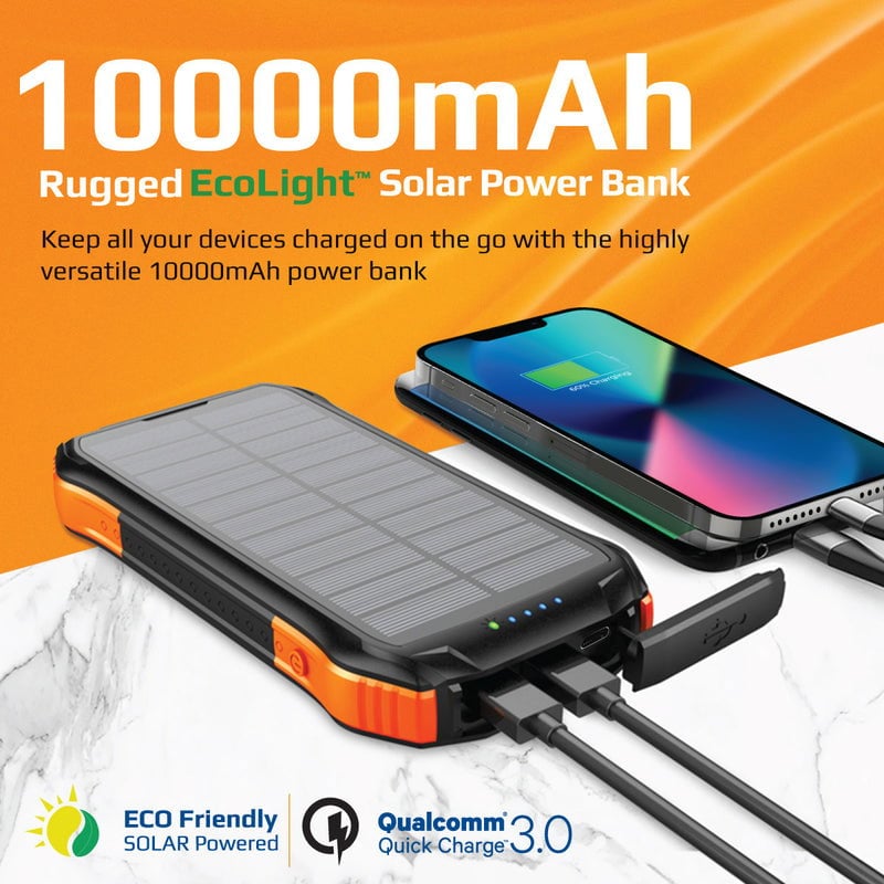 شاحن جوال بالطاقة الشمسية 10000 ميللي أمبير - يدعم الشحن اللاسلكي  PROMATE Rugged EcoLight Solar Power Bank