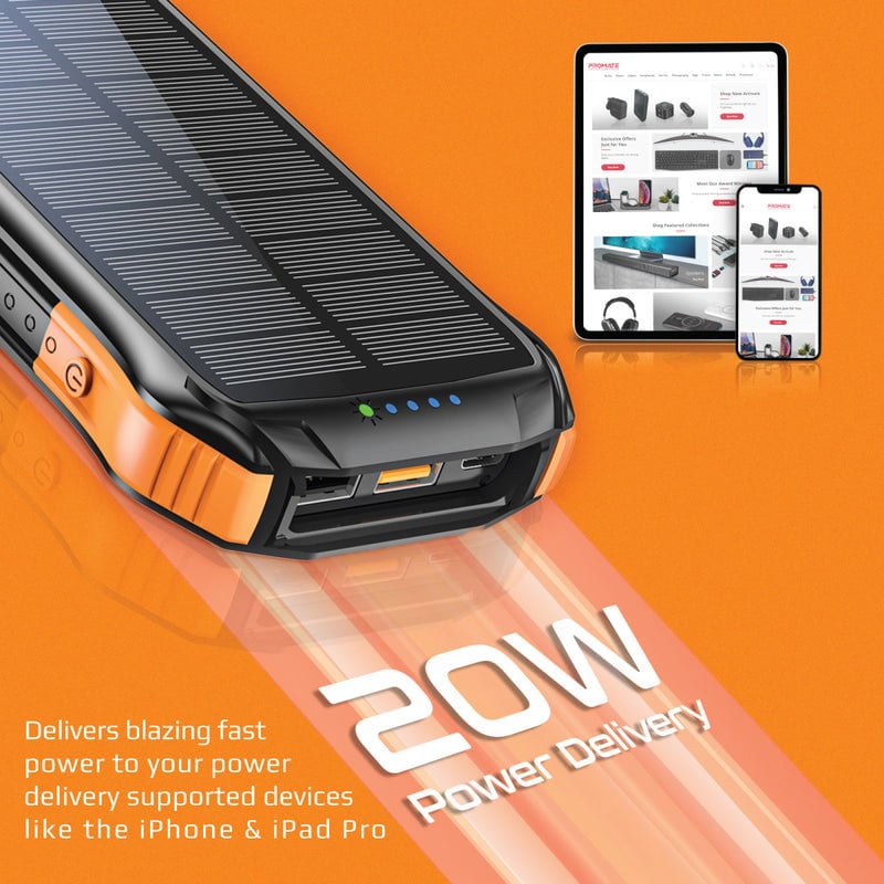 شاحن جوال بالطاقة الشمسية 10000 ميللي أمبير - يدعم الشحن اللاسلكي  PROMATE Rugged EcoLight Solar Power Bank