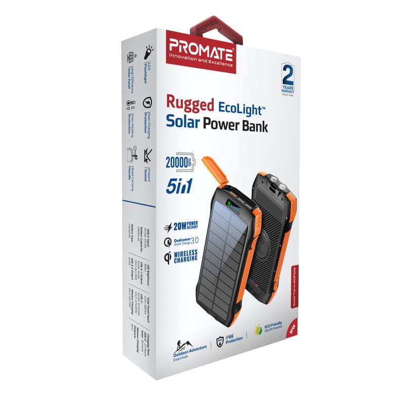 بور بانك شاحن متنقل لاسلكي 20000 مللي أمبير يدعم الشحن بالطاقة الشمسية Promate Rugged EcoLight Solar Power Bank