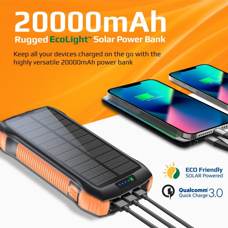 بور بانك شاحن متنقل لاسلكي 20000 مللي أمبير يدعم الشحن بالطاقة الشمسية Promate Rugged EcoLight Solar Power Bank