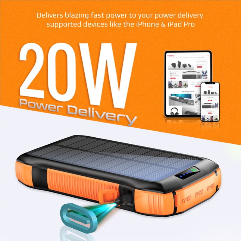 بور بانك شاحن متنقل لاسلكي 20000 مللي أمبير يدعم الشحن بالطاقة الشمسية Promate Rugged EcoLight Solar Power Bank
