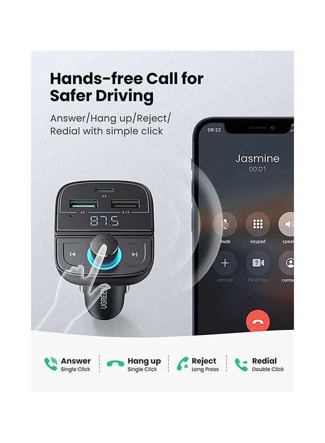 UGREEN Bluetooth FM Transmitter USB Car Charger 38W QC PD Fast Charging Radio Adapter Car Kit Built-in Mic Support Hands-Free Calls LED Backlit TF Card Flash Drive Black