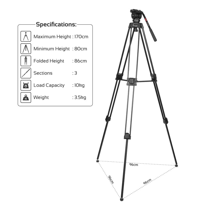 promate Professional Aluminum Video Tripod with Mid-Level Spreader