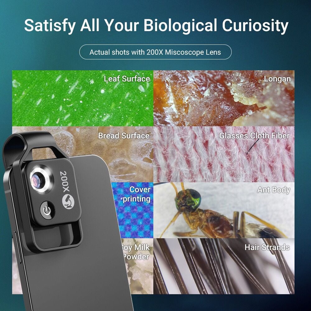 عدسة الزووم الإحترافية للموبايل 200X Phone Mini Pocket Microscope with LED Light/Universal Clip