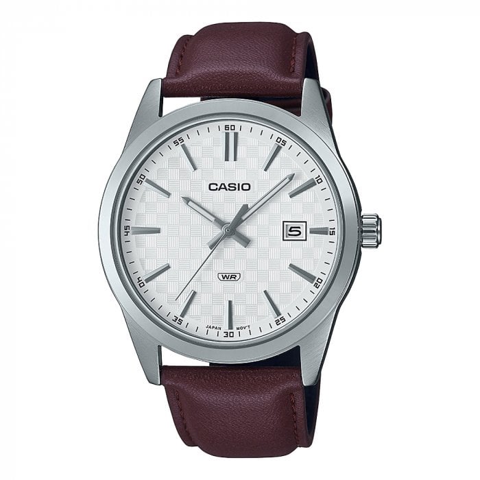ساعة يد رجالية كاسيو مقاومة للماء ستانليس ستيل بحزام جلد بني CASIO Men Watch MTP-VD03L-5AUDF