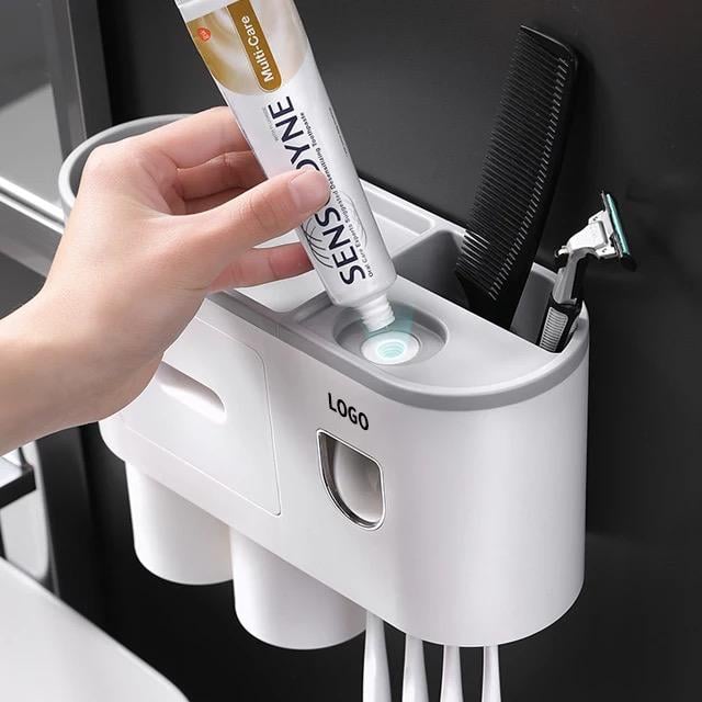 Toothbrush Holders, 4 Cups Toothbrush Holder Wall Mounted with Toothpaste Dispenser