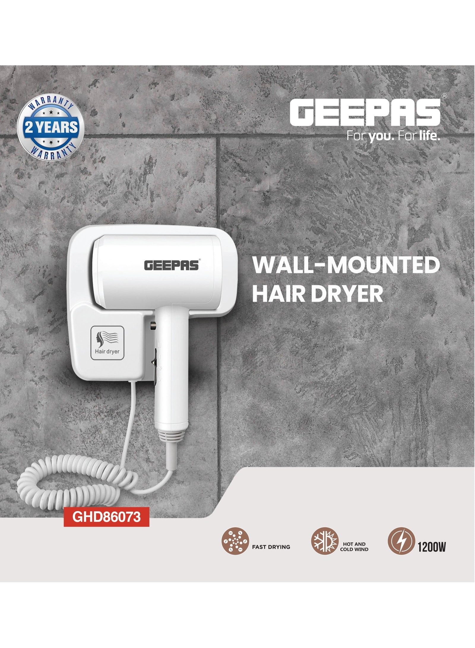 مجفف شعر للحمام للجنسين 1200 واط جيباس Geepas Wall Mounted Hair Dryer Hot & Cold Wind