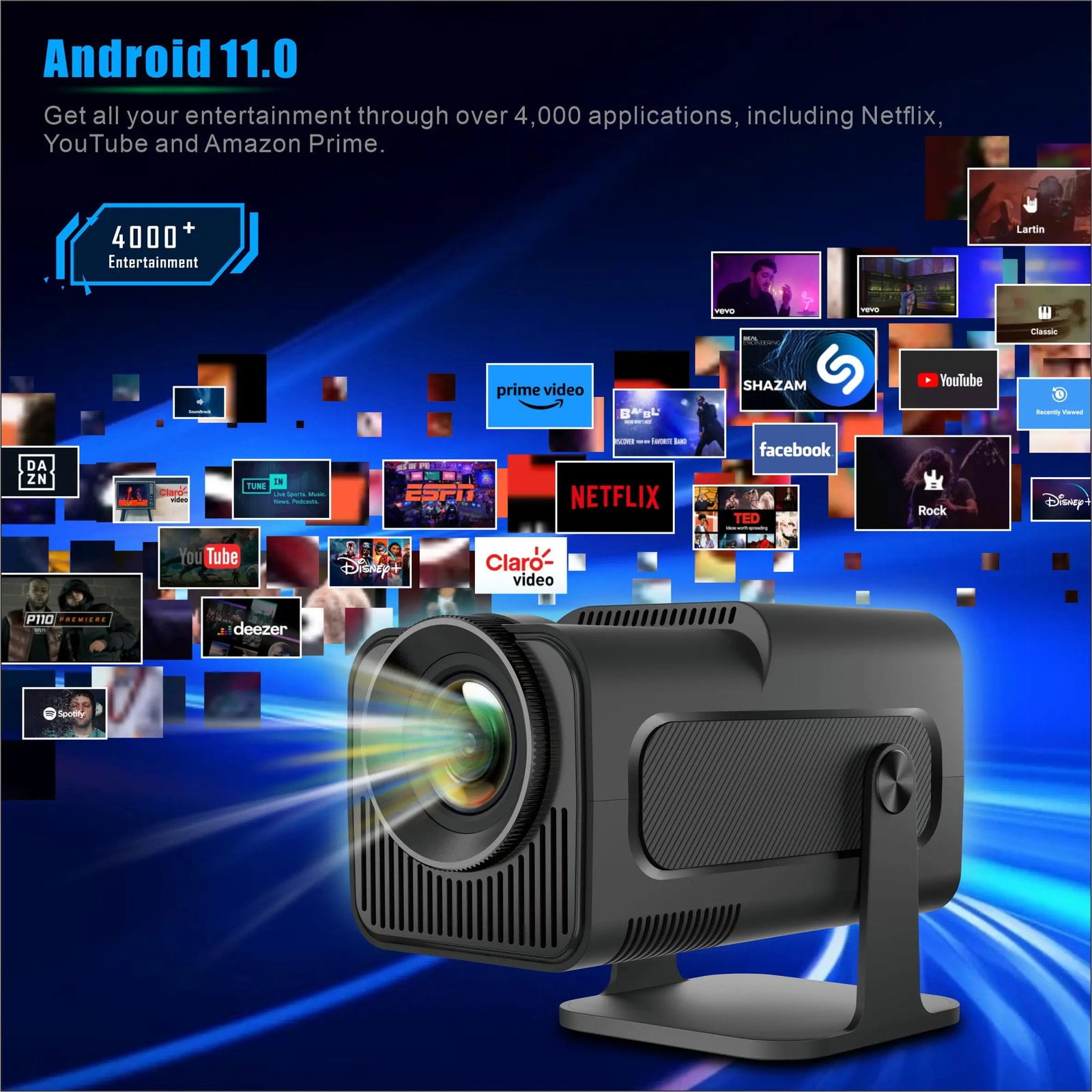 بروجكتر 1080 بكسل 180 درجة مع جهاز تحكم عن بعد أسود واونكت Wownect Mini Andorid Portable Projector Natvie 1080P Smart Projector FHD 4K Supported 300 Lumens with WiFi 6