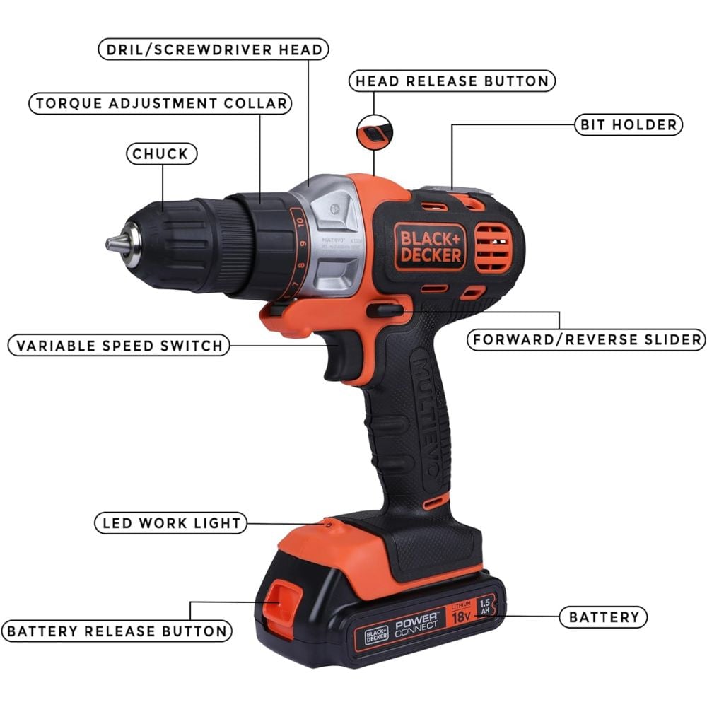 دريل بطارية 18 فولت 1.5 أمبير 10 مم بلاك اند ديكر Black+Decker 18v 1.5ah 10mm Li-Ion Cordless Multi-Evo Multitool Starter Kit With Drill
