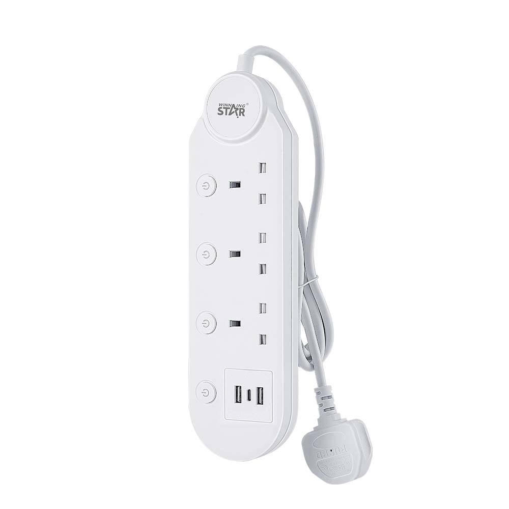 Winning Star Power Strip 1 Type-C 2 USB Ports 3 UK Outlet Electrical Extension Socket