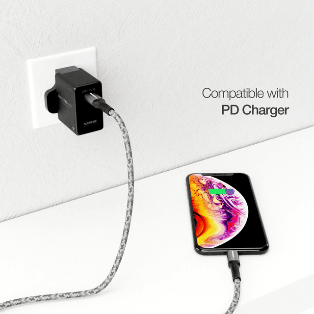 كابل AMAZINGTHING - AT SUPREMELINK MFI LIGHTNING TO USB C BULLET SHIELD + CABLE 1.2M - فضي