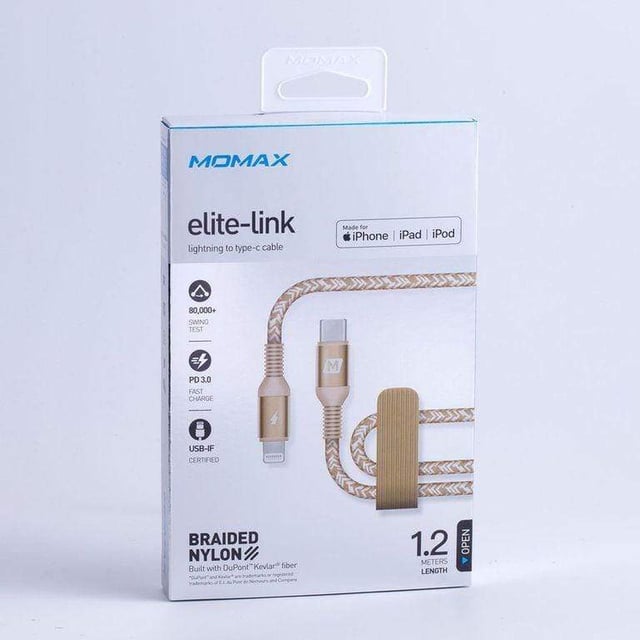 momax elite link type c to lightning cable triple braided 1 2m gold