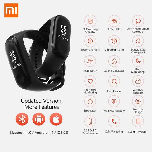 ساعة شاومي Xiaomi Mi Fitness Band 3 with HR and Display - أسود