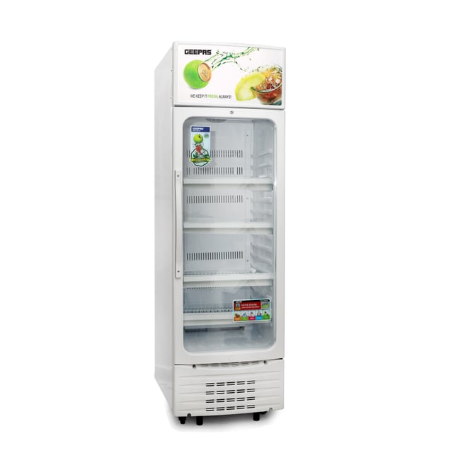 Geepas GSC6548 300L Upright Showcase Fridge - Adjustable Thermostat, Bottle Cooler with LED Lighting, Ideal for Beer, Wine & Drinks Fridge, Low Energy Compressor Fan