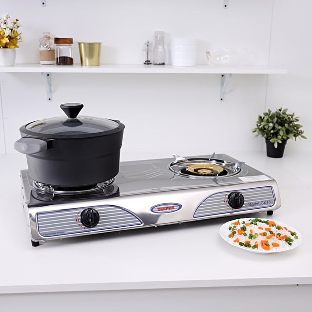 فرن غاز ذو شمعتين Geepas Stainless Steel Gas Stove Burner , Auto Ignition, Robust Build