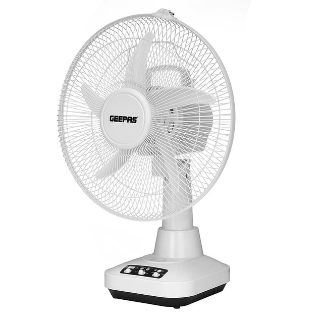 Geepas GF21118 12'' Rechargeable Fan - 2 Speed Settings with 6 Hours Continuous Working & 24 Hours LED Light - 5000 Mah Battery - Ideal for Office, Home & Outdoor Use