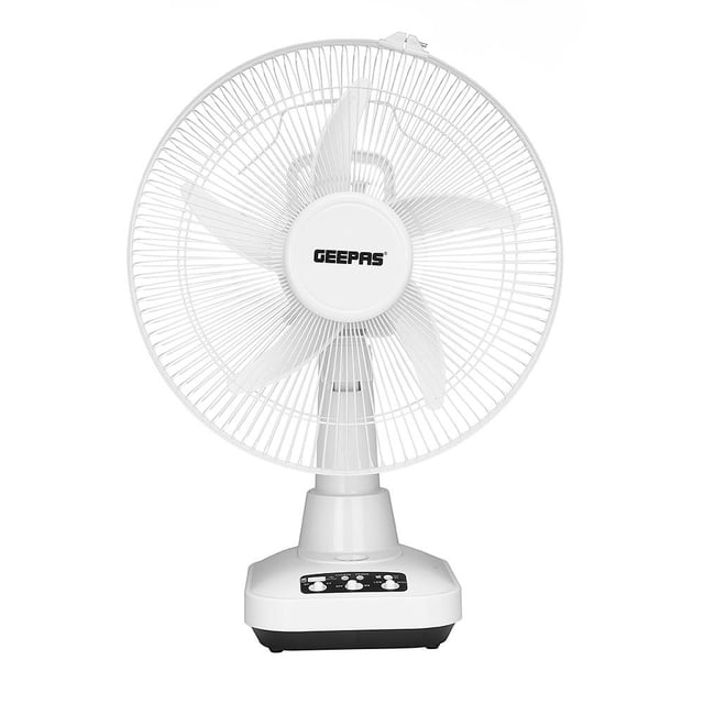 Geepas GF21118 12'' Rechargeable Fan - 2 Speed Settings with 6 Hours Continuous Working & 24 Hours LED Light - 5000 Mah Battery - Ideal for Office, Home & Outdoor Use