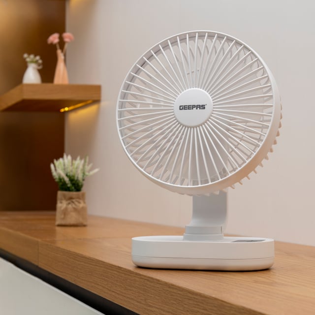 Geepas GF21157 8-inch Rechargeable Fan - Portable Design, 3 Blade with 9-Hours working - Led Night Light -AC/DC Function & Adjustable Head - 2 Years warranty