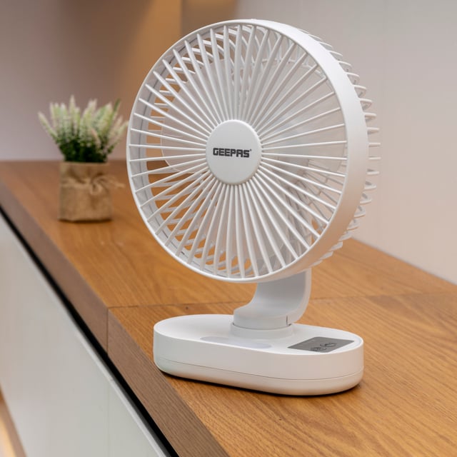 Geepas GF21157 8-inch Rechargeable Fan - Portable Design, 3 Blade with 9-Hours working - Led Night Light -AC/DC Function & Adjustable Head - 2 Years warranty