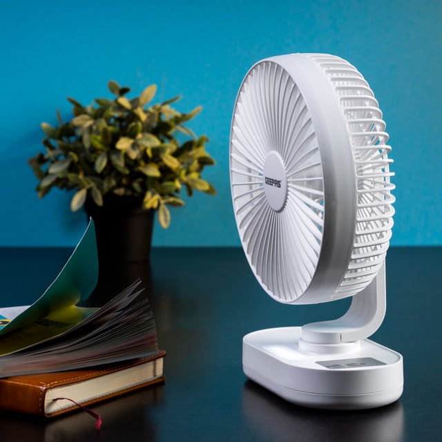 Geepas GF21157 8-inch Rechargeable Fan - Portable Design, 3 Blade with 9-Hours working - Led Night Light -AC/DC Function & Adjustable Head - 2 Years warranty