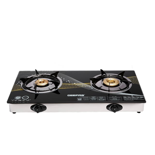 Geepas GK6879 2-Burner Gas Hob 70 mm & 90 mm - Tempered Glass Worktop - Automatic Ignition, 2 Heating Zones 4.5Kw- Stainless Steel Frame - 2 Years Warranty
