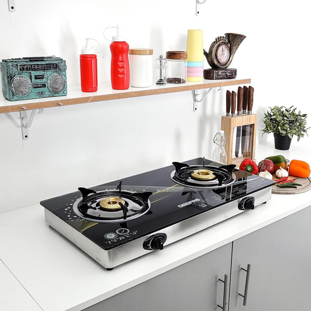 Geepas GK6879 2-Burner Gas Hob 70 mm & 90 mm - Tempered Glass Worktop - Automatic Ignition, 2 Heating Zones 4.5Kw- Stainless Steel Frame - 2 Years Warranty