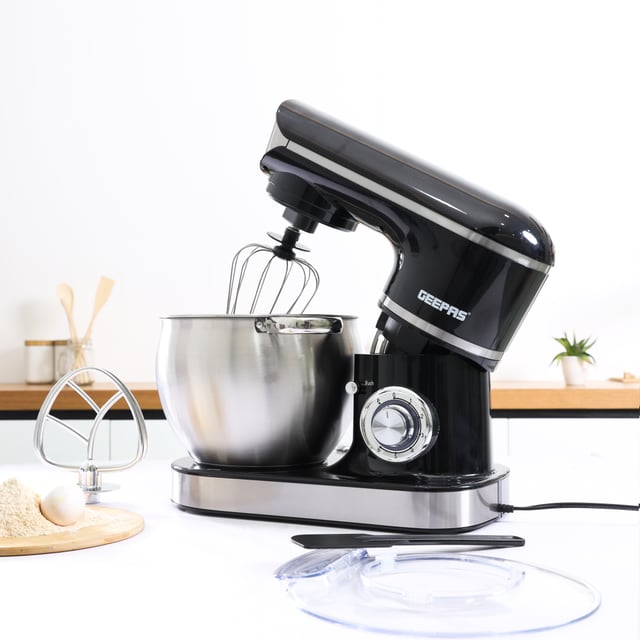 Geepas GSM43040 1500W Stand Mixer with 8.5LStainless Steel Mixing Bowl - Ideal for Bread & Dough - 6 Speed with Pulse, & Eject Button - Whisk, Beaters & Dough Hook - 2 Year Warranty