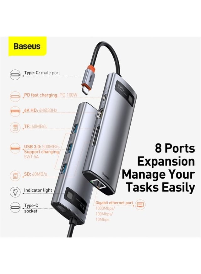 موزع منافذ 8 في 1 Baseus 8-in-1 Multifunctional Type-C HUB Docking Station