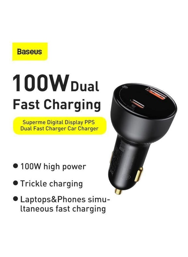 Baseus Digital Display USB/Type C Dual Port Car Charger 100W Black