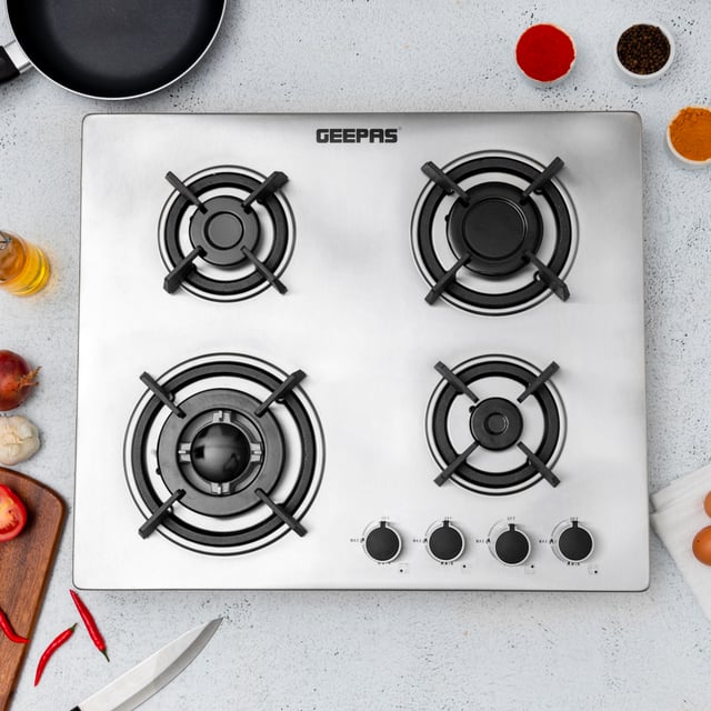 Geepas 2-in-1 Built-in Gas Hob, Stainless Steel, GGC31026 | Sabaf Burners | Cast Iron Pan Support | Auto-Ignition | Low Gas Consumption | 4 Control Knobs