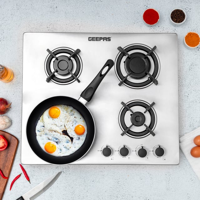 Geepas 2-in-1 Built-in Gas Hob, Stainless Steel, GGC31026 | Sabaf Burners | Cast Iron Pan Support | Auto-Ignition | Low Gas Consumption | 4 Control Knobs
