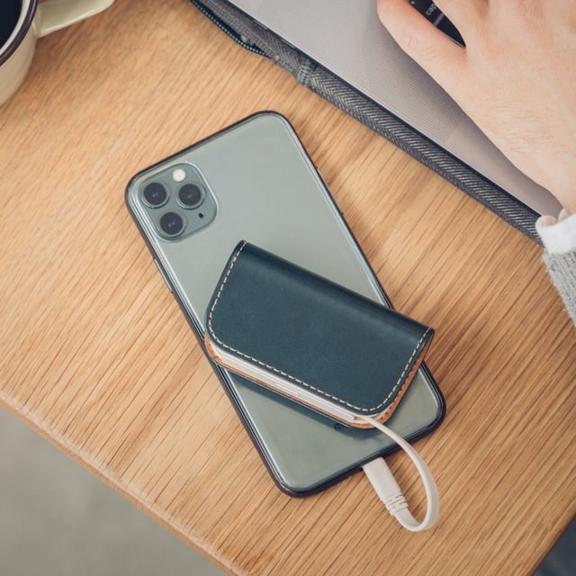 Moshi Iongo 5k Power Bank 5000mah With Built-In Usb A & Lightning Cable [Mfi-Certified], Lightweight Portable Battery, Premium Vegan Leather With Magnetic Closure Azure Blue