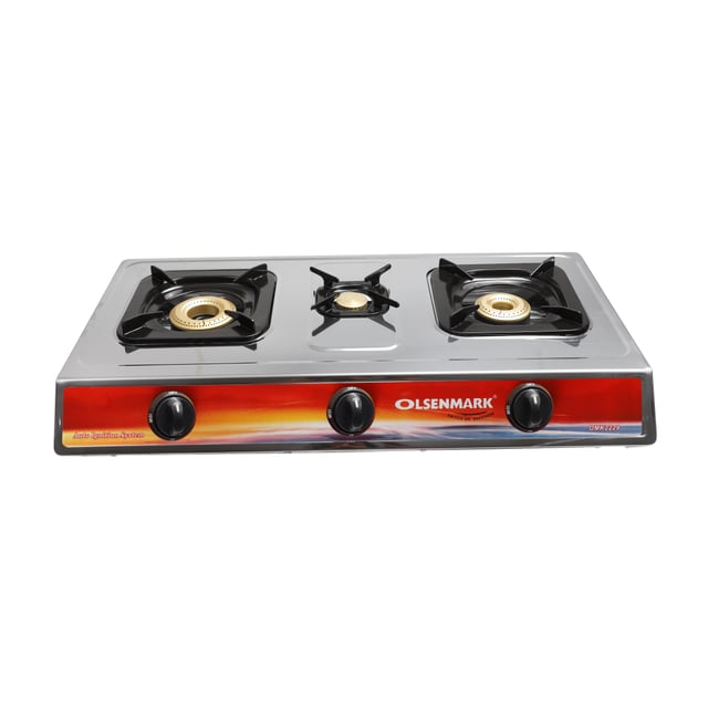 Olsenmark Stainless Steel Triple Burner Gas Stove - Auto Ignition - Cast Iron Pan Burner