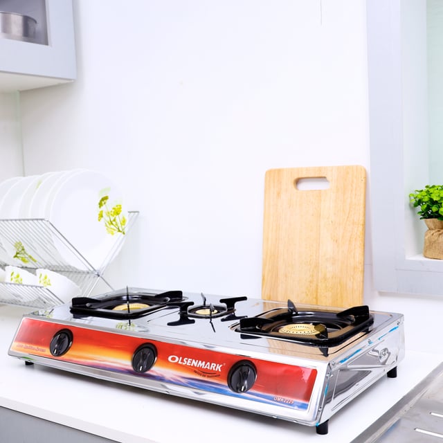 Olsenmark Stainless Steel Triple Burner Gas Stove - Auto Ignition - Cast Iron Pan Burner