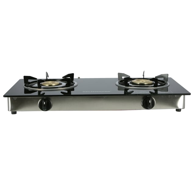 Olsenmark Tempered Glass Double Burner Gas Stove - Auto Ignition - Stainless-Steel Drip Pan - Cast
