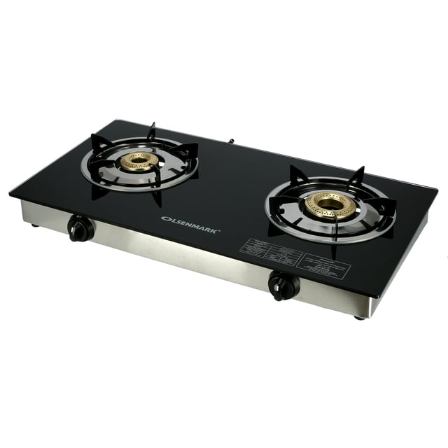 Olsenmark Tempered Glass Double Burner Gas Stove - Auto Ignition - Stainless-Steel Drip Pan - Cast