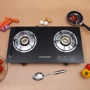 Olsenmark Tempered Glass Double Burner Gas Stove - Auto Ignition - Stainless-Steel Drip Pan - Cast