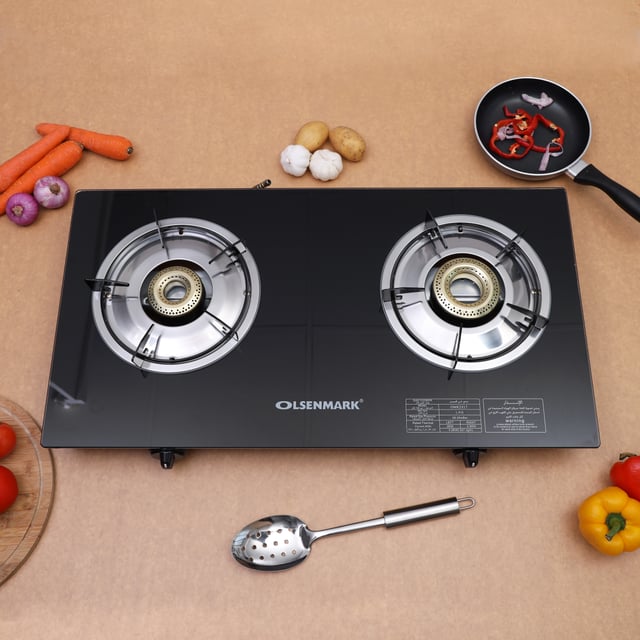 Olsenmark Tempered Glass Double Burner Gas Stove - Auto Ignition - Stainless-Steel Drip Pan - Cast