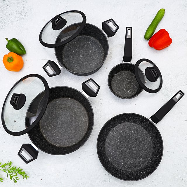 Royalford Chef Art Aluminium Cookware Set, 7 Pieces, Black, Scratch Resistant, Tempered Glass Lids