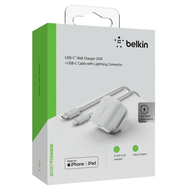 Belkin BOOST CHARGE 20W USB-C PD Wall Charger + USB-C to Lightning Cable - for Apple iPhone 12/11 Pro Max/12/11 Pro/12 Mini/XR/XS Max/8/8 Plus, iPad & other USB-C Devices - White
