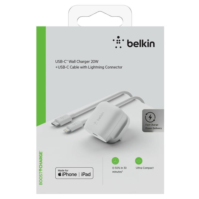 Belkin BOOST CHARGE 20W USB-C PD Wall Charger + USB-C to Lightning Cable - for Apple iPhone 12/11 Pro Max/12/11 Pro/12 Mini/XR/XS Max/8/8 Plus, iPad & other USB-C Devices - White