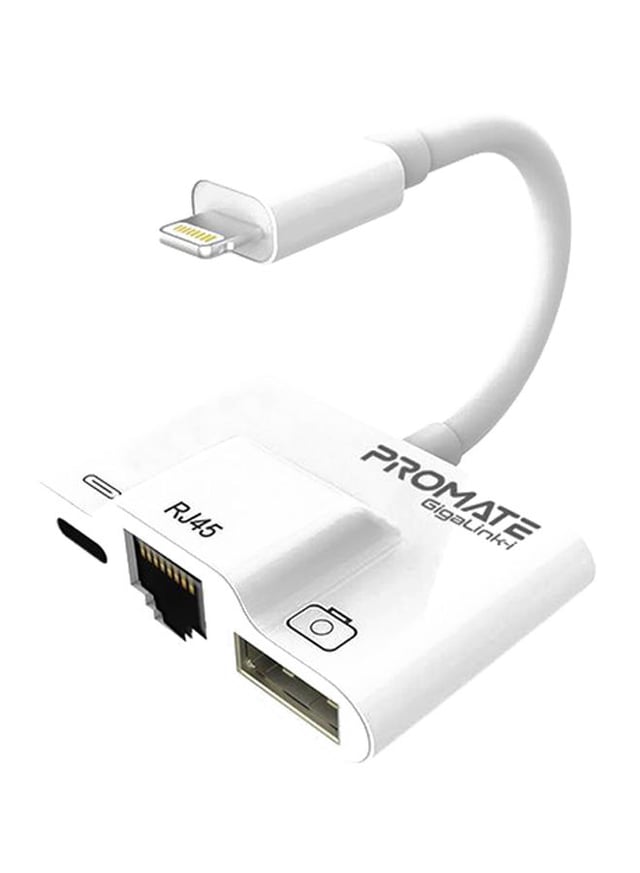 محول متعدد المنافذ بمخرج Lightning أبيض Promate - GigaLink-I USB Hub White
