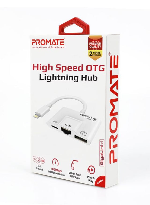 محول متعدد المنافذ بمخرج Lightning أبيض Promate - GigaLink-I USB Hub White