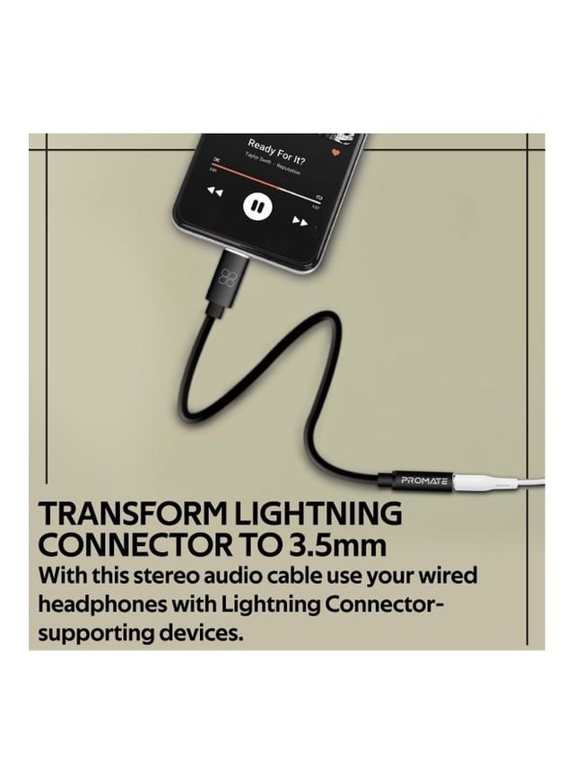 promate Dynamic Stereo Apple Lightning to 3.5mm AUX Connector Black