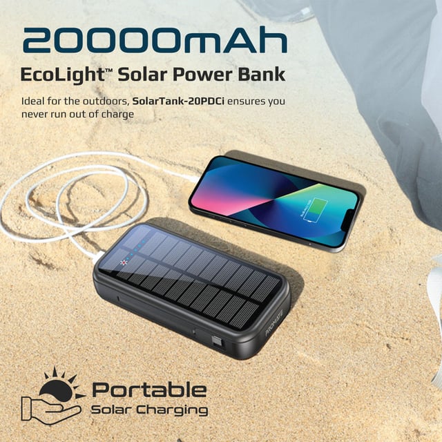 بور بانك 5 في 1 20000 ميللي أمبير - طاقة شمسية PROMATE EcoLight Solar Power Bank with Built-in USB-C & Lightning Cables