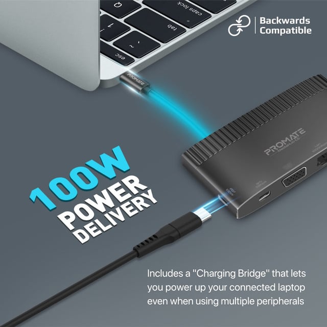 promate 6-in-1 Highly Versatile USB-C Media Hub with 100W Power Delivery